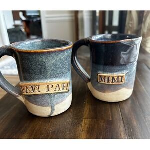 Mimi and Paw Paw handmade pottery clay 14-16 oz coffee mugs